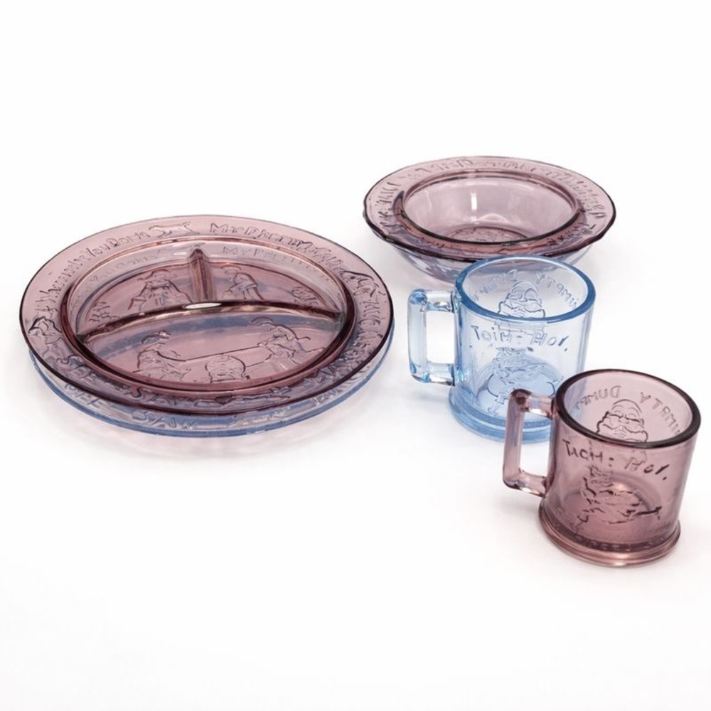 Vintage‎ Hazel Atlas Tom & Jerry Child Glass Set Pink Blue 6pc Plate Bowl Mug